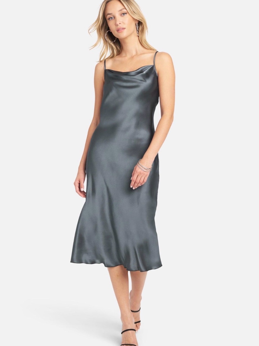 Satin Cowl Neck Slip Dress - Charcoal Gray